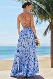 Blue A-Line Spaghetti Straps Lace Up Back Long Print Floral Bridesmaid Dress with Slit