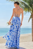 Blue A-Line Spaghetti Straps Lace Up Back Long Print Floral Bridesmaid Dress with Slit