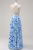 Blue A-Line Spaghetti Straps Lace Up Back Long Print Floral Bridesmaid Dress with Slit