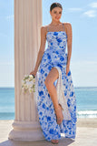 Blue A-Line Spaghetti Straps Lace Up Back Long Print Floral Bridesmaid Dress with Slit