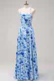 Blue A Line Spaghetti Straps Ruched Backless Long Print Bridesmaid Dress with Slit