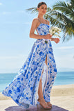 Blue A-Line Spaghetti Straps Lace Up Back Long Print Floral Bridesmaid Dress with Slit