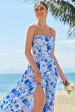 Blue A-Line Spaghetti Straps Lace Up Back Long Print Floral Bridesmaid Dress with Slit