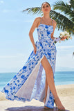 Blue A-Line Spaghetti Straps Lace Up Back Long Print Floral Bridesmaid Dress with Slit