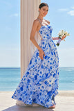 Blue A-Line Spaghetti Straps Lace Up Back Long Print Floral Bridesmaid Dress with Slit