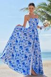 Blue A-Line Spaghetti Straps Lace Up Back Long Print Floral Bridesmaid Dress with Slit