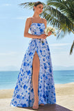 Blue A Line Spaghetti Straps Ruched Backless Long Print Bridesmaid Dress with Slit