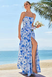 Blue A-Line Spaghetti Straps Lace Up Back Long Print Floral Bridesmaid Dress with Slit