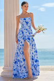 Blue A-Line Spaghetti Straps Lace Up Back Long Print Floral Bridesmaid Dress with Slit