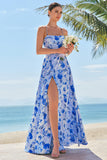 Blue A-Line Spaghetti Straps Lace Up Back Long Print Floral Bridesmaid Dress with Slit