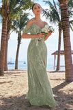 Dusty Sage Burnout Velvet A-Line Cold Shoulder Long Bridesmaid Dress with Slit