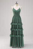 Eucalyptus A Line Spaghetti Straps Tiered Floor Length Bridesmaid Dress