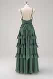 Eucalyptus A Line Spaghetti Straps Tiered Floor Length Bridesmaid Dress