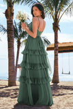 Eucalyptus A-Line Spaghetti Straps Tiered Chiffon Long Bridesmaid Dress