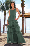 Eucalyptus A-Line Spaghetti Straps Tiered Chiffon Long Bridesmaid Dress