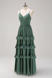 Eucalyptus A Line Spaghetti Straps Tiered Floor Length Bridesmaid Dress