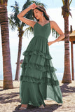 Eucalyptus A-Line Spaghetti Straps Tiered Chiffon Long Bridesmaid Dress