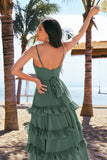 Eucalyptus A-Line Spaghetti Straps Tiered Chiffon Long Bridesmaid Dress