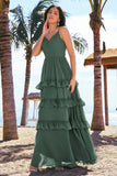 Eucalyptus A-Line Spaghetti Straps Tiered Chiffon Long Bridesmaid Dress