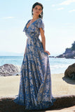 Grey Blue A-Line V Neck Burnout Velvet Floor Length Bridesmaid Dress with Cape Sleeves