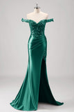 Sparkly Grey Green Mermaid Off The Shoulder Sequins Long Prom Dress  with Slit