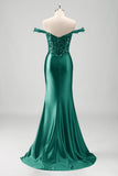 Sparkly Grey Green Mermaid Off The Shoulder Sequins Long Prom Dress  with Slit