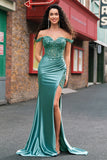 Grey Green Mermaid Off the Shoulder Appliqued Long Prom Dress with Slit