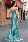 Grey Green Mermaid Off the Shoulder Appliqued Long Prom Dress with Slit