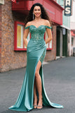 Grey Green Mermaid Off the Shoulder Appliqued Long Prom Dress with Slit