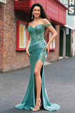 Grey Green Mermaid Off the Shoulder Appliqued Long Prom Dress with Slit