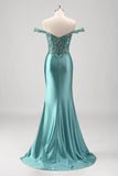 Sparkly Grey Green Mermaid Off The Shoulder Sequins Long Prom Dress  with Slit