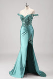 Sparkly Grey Green Mermaid Off The Shoulder Sequins Long Prom Dress  with Slit