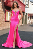 Mermaid Spaghetti Straps Pleated Corset Fuchsia Prom Dress with Slit