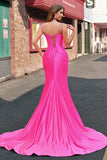 Glitter Fuchsia Mermaid Spaghetti Straps Pleated Corset Long Prom Dress With Slit