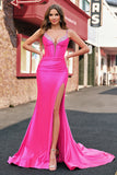 Glitter Fuchsia Mermaid Spaghetti Straps Pleated Corset Long Prom Dress With Slit