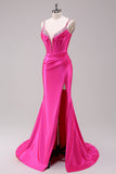 Glitter Fuchsia Mermaid Spaghetti Straps Pleated Corset Long Prom Dress With Slit