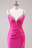 Glitter Fuchsia Mermaid Spaghetti Straps Pleated Corset Long Prom Dress With Slit