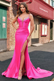 Mermaid Spaghetti Straps Pleated Corset Fuchsia Prom Dress with Slit