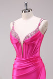 Glitter Fuchsia Mermaid Spaghetti Straps Pleated Corset Long Prom Dress With Slit