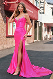 Mermaid Spaghetti Straps Pleated Corset Fuchsia Prom Dress with Slit