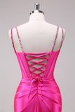 Glitter Fuchsia Mermaid Spaghetti Straps Pleated Corset Long Prom Dress With Slit