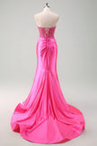 Sparkly Fuchsia Mermaid Strapless Pleated Prom Dress With Beading