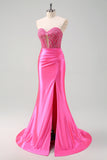 Sparkly Fuchsia Mermaid Strapless Pleated Prom Dress With Beading