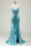 Sparkly Blue Mermaid Spaghetti Straps Corset  Sequins Long Prom Dress With Slit