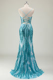 Sparkly Blue Mermaid Spaghetti Straps Corset  Sequins Long Prom Dress With Slit