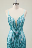 Sparkly Blue Mermaid Spaghetti Straps Corset  Sequins Long Prom Dress With Slit