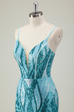 Sparkly Blue Mermaid Spaghetti Straps Corset  Sequins Long Prom Dress With Slit