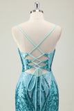 Sparkly Blue Mermaid Spaghetti Straps Corset  Sequins Long Prom Dress With Slit