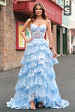 Blue A Line Strapless Sparkly Sequin Corset Tiered Long Prom Dress with Slit