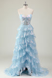 Sparkly Blue A Line Sweetheart Tiered Corset Long Prom Dress With Sequins